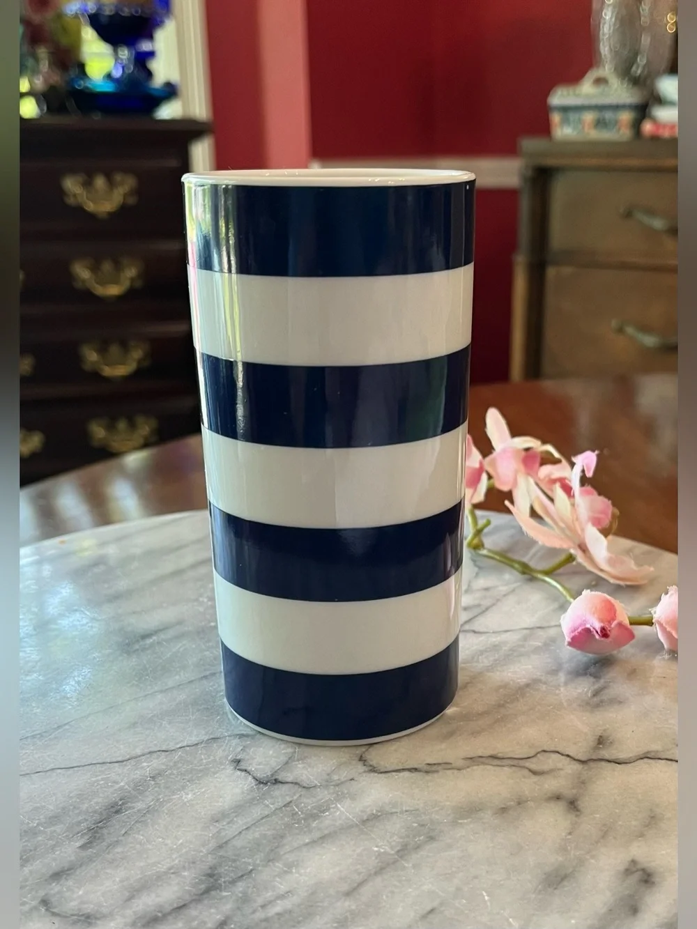 West Elm Nautical Blue & White Striped Ceramic Bud Vase / Bathroom Tumbler
